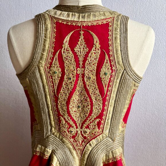 Antique Red Wool & Gold Trim Balkan Macedonian Long Traditional Folk Vest - Picture 6 of 16